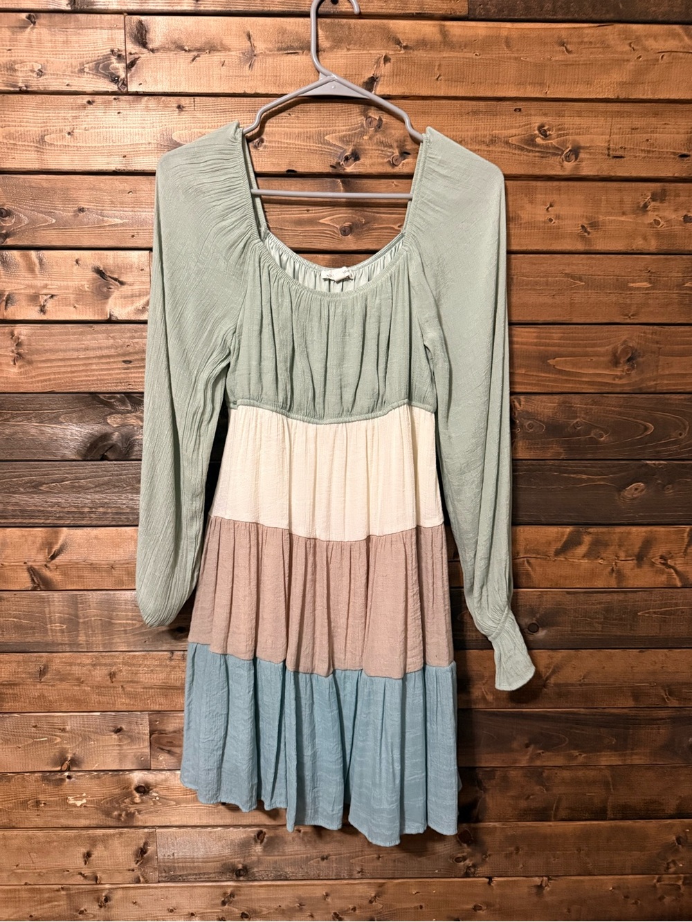 Blu Peppe Tiered Long-Sleeve Colorblock Dress in Sage, Cream, Taupe, Blue